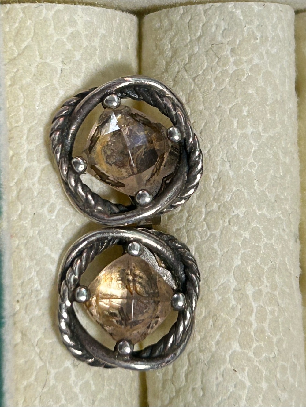 David Yurman Silver Twisted Circle Earrings with Brown Stones